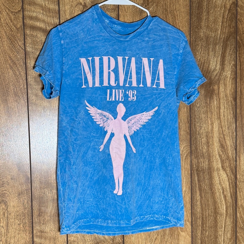 Nirvana In Utero Live Tour 90s Graphic T-Shirt Blue Acid Wash Women Small